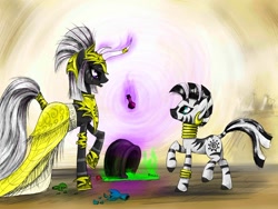 Size: 900x675 | Tagged: safe, artist:madhotaru, character:zecora, oc, species:abada, species:zebra, g4, anklet, clothing, dress, duo, ear piercing, earring, glowing horn, helmet, hilarious in hindsight, hoof shoes, horn, jewelry, magic, neck rings, piercing, potion, shoes, tail, tail wrap, telekinesis