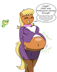 Size: 2238x2814 | Tagged: safe, artist:americananomaly, character:chickadee, character:ms. harshwhinny, character:ms. peachbottom, species:anthro, abdominal bulge, belly, big belly, bloated, dialogue, fat, ms. lardwhinny, stomach noise, stuffed, stuffing