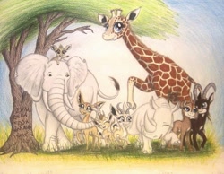 Size: 1015x788 | Tagged: safe, artist:thefriendlyelephant, oc, oc only, oc:kekere, oc:lesotho, oc:mmiri, oc:nuk, oc:obi, oc:sabe, oc:salma, oc:uganda, oc:zeka, acacia tree, africa, animal in mlp form, antelope, barely pony related, cloven hooves, dik dik, elephant, gazelle, gerenuk, giant sable antelope, giraffe, grass, group photo, happy, horns, milestone, rhinoceros, running, size difference, smiling, springbok, traditional art, tree, trunk, tusk