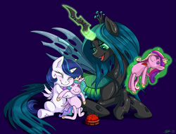 Size: 1523x1157 | Tagged: safe, artist:sorcerushorserus, character:princess cadance, character:princess celestia, character:queen chrysalis, oc, oc:pharomona, parent:queen chrysalis, parent:shining armor, parents:shining chrysalis, species:alicorn, species:changeling, species:changepony, species:pony, species:unicorn, alicorn oc, belly button, blue background, blushing, changeling queen, crossbreed, cute, cutealis, doll, eyes closed, family, female, filly, foal, happy, hug, hybrid, implied shining chrysalis, interspecies offspring, levitation, magic, mommy chrissy, mother and daughter, needle, next generation, ocbetes, offspring, pincushion, prone, simple background, sitting, smiling, telekinesis, toy, voodoo doll