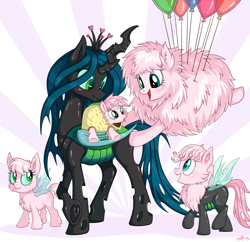 Size: 1426x1380 | Tagged: safe, artist:sorcerushorserus, character:queen chrysalis, oc, oc:fluffle puff, parent:oc:fluffle puff, parent:queen chrysalis, parents:canon x oc, parents:chrysipuff, species:changeling, species:changepony, ship:chrysipuff, balloon, canon x oc, crossbreed, cute, cutealis, family, female, hybrid, interspecies offspring, lesbian, magical lesbian spawn, mommy chrissy, next generation, offspring, shipping, suspended, taco costume, tongue out, underhoof, we need more of this ship