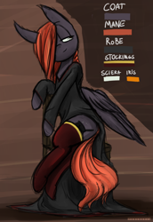 Size: 2598x3780 | Tagged: safe, artist:tenenbris, oc, oc only, oc:isadora mord, species:pegasus, species:pony, braid, clothing, reference sheet, robe, smiling, socks, solo, stockings