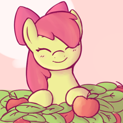 Size: 500x500 | Tagged: dead source, source needed, safe, artist:redintravenous, artist:rustydooks, character:apple bloom, species:earth pony, species:pony, adorabloom, apple, bust, colored, cute, eyes closed, female, filly, food, leaf, portrait, solo