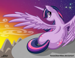 Size: 720x553 | Tagged: safe, alternate version, artist:texasuberalles, character:twilight sparkle, character:twilight sparkle (alicorn), species:alicorn, species:pony, both cutie marks, dock, female, looking at you, looking back, mare, plot, prone, solo, spread wings, stars, sunset, wings