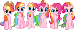 Size: 843x337 | Tagged: safe, artist:colossalstinker, character:applejack, character:fluttershy, character:pinkie pie, character:rainbow dash, character:rarity, character:twilight sparkle, g3, color edit, g3 to g4, generation leap, hugpony poses, mane six, palette swap