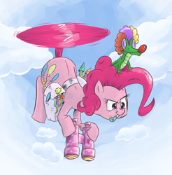Size: 954x969 | Tagged: safe, artist:saturdaymorningproj, character:gummy, character:pinkie pie, binoculars, clown nose, fireworks, flying, mouth hold, party horn, pinkie being pinkie, pinkie physics, pinkiecopter, saddle bag, tailcopter, wig