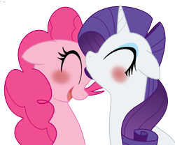 Size: 1019x848 | Tagged: safe, artist:faith-wolff, character:pinkie pie, character:rarity, ship:raripie, female, kissing, lesbian, shipping