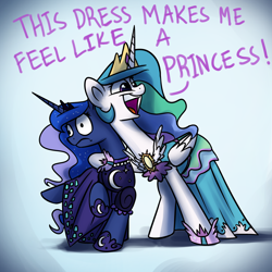 Size: 1200x1200 | Tagged: safe, artist:anticular, character:princess celestia, character:princess luna, species:alicorn, species:pony, ask sunshine and moonbeams, episode:canterlot boutique, g4, my little pony: friendship is magic, clothing, dialogue, dress, duo, duo female, female, frown, hug, mare, neck hug, over the moon, princess dress, raised hoof, sibling teasing, tripping the light, trollestia, wide eyes