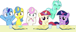 Size: 3380x1430 | Tagged: safe, artist:punzil504, character:lemon hearts, character:lyra heartstrings, character:minuette, character:moondancer, character:twilight sparkle, character:twinkleshine, adorableshine, book, braces, canterlot six, cute, dancerbetes, filly, glass, lemonbetes, lyrabetes, minubetes, simple background, transparent background, twiabetes, vector, younger