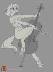 Size: 1498x2000 | Tagged: safe, artist:phathusa, character:octavia melody, species:anthro, species:earth pony, species:pony, species:unguligrade anthro, breasts, cello, eyeshadow, female, glasses, jewelry, lipstick, makeup, mirror world, monochrome, musical instrument, necklace, sandals, solo