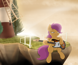 Size: 1200x1000 | Tagged: safe, artist:theparagon, character:scootaloo, species:pegasus, species:pony, bass guitar, check em, feel good inc, female, gorillaz, musical instrument, scootabass, solo, windmill