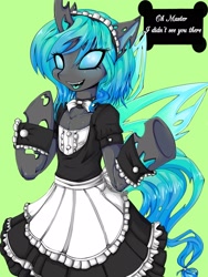 Size: 1200x1600 | Tagged: dead source, safe, artist:rainbowscreen, oc, oc only, oc:jewel, species:changeling, blue changeling, changeling oc, changeling queen, changeling queen oc, choker, clothing, dialogue, female, green background, maid, maid headdress, semi-anthro, simple background, solo
