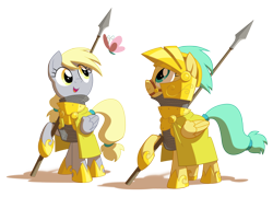 Size: 2400x1725 | Tagged: safe, artist:equestria-prevails, character:derpy hooves, character:sunshower raindrops, species:pegasus, species:pony, armor, butterfly, epic derpy, female, guard, mare, simple background, spear, transparent background