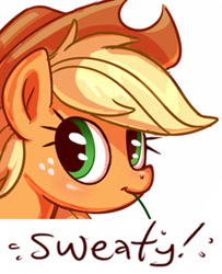 Size: 325x400 | Tagged: safe, artist:sorcerushorserus, edit, character:applejack, species:earth pony, species:pony, :t, expand dong, explicit source, exploitable meme, faec, female, grass, head, mare, meme, mouth hold, reaction image, simple background, smiling, solo, sweat, white background