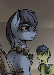 Size: 1280x1760 | Tagged: safe, artist:whitepone, oc, oc only, oc:p-21, oc:scotch tape, fallout equestria, fallout equestria: project horizons, father and daughter