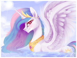 Size: 1600x1200 | Tagged: safe, artist:imalou, character:princess celestia, species:alicorn, species:pony, bath, behaving like a bird, behaving like a duck, blushing, crepuscular rays, crown, cute, cutelestia, dripping, featured on derpibooru, female, fluffy, jewelry, lidded eyes, looking at you, mare, messy mane, necklace, profile, regalia, solo, spread wings, sun, swanlestia, water, wet, wet mane, wing fluff, wings