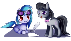 Size: 1025x600 | Tagged: safe, artist:solar-slash, character:dj pon-3, character:octavia melody, character:vinyl scratch, species:earth pony, species:pony, species:unicorn, duo, female, mare, prone, quill