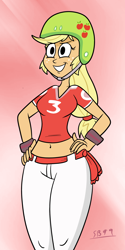 Size: 1568x3136 | Tagged: safe, artist:scobionicle99, character:applejack, my little pony:equestria girls, applebucking thighs, belly button, dem thighs, female, helmet, jai alai, midriff, solo, thighs