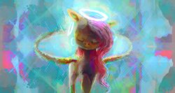 Size: 2287x1221 | Tagged: safe, artist:sharpieboss, character:fluttershy, eyes closed, female, halo, peaceful, raised hoof, solo