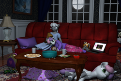 Size: 3000x2000 | Tagged: safe, artist:tahublade7, character:silver spoon, character:sweetie belle, species:anthro, species:fox, species:plantigrade anthro, ship:silverbelle, 3d, anthro ponidox, barefoot, clothing, computer, cookie, couch, cream the rabbit, crossover, daz studio, doll, feet, five nights at freddy's, friendshipping, game boy, laptop computer, marionette, minecraft, movie night, nightgown, pajamas, pillow, plushie, popcorn, shipping, sleepover, slumber party, socks, sonic the hedgehog (series), space marine, tangled (disney), toy, warhammer (game), warhammer 40k, when you see it