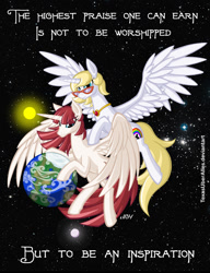 Size: 720x937 | Tagged: safe, artist:texasuberalles, oc, oc only, oc:bonniecorn, oc:fausticorn, species:pony, all-mother of creation, bonnie zacherle, creation, earth, giant pony, goddess, lauren faust, macro, moon, pony bigger than a planet, stars, sun, tangible heavenly object