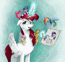 Size: 1129x1080 | Tagged: safe, artist:saturdaymorningproj, character:applejack, character:fluttershy, character:pinkie pie, character:rainbow dash, character:rarity, character:twilight sparkle, oc, oc:fausticorn, birth, creation, drawn into existence, flying, holding on, looking up, magic, mane six, paper, paper pony, pencil, tiny ponies