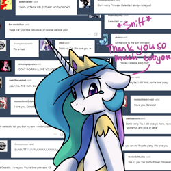 Size: 1200x1200 | Tagged: safe, artist:anticular, character:princess celestia, species:alicorn, species:pony, ask sunshine and moonbeams, ask, crying, cute, cutelestia, dialogue, female, floppy ears, happy, looking at you, mare, smiling, solo, tears of joy, tumblr