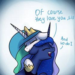 Size: 1200x1200 | Tagged: safe, artist:anticular, character:princess celestia, character:princess luna, species:alicorn, species:pony, ask sunshine and moonbeams, dialogue, duo, duo female, eyes closed, female, floppy ears, hug, mare, open mouth, sisters