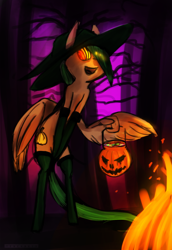 Size: 1280x1862 | Tagged: safe, artist:tenenbris, oc, oc only, species:pony, bipedal, clothing, hat, jack-o-lantern, pumpkin bucket, solo, wing hands, witch, witch hat