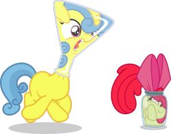 Size: 684x536 | Tagged: safe, artist:punzil504, character:apple bloom, character:lemon hearts, species:earth pony, species:pony, species:unicorn, episode:amending fences, episode:brotherhooves social, g4, my little pony: friendship is magic, :t, cute, erlenmeyer flask, filly, flaskhead hearts, foal, jar, jar bloom, open mouth, pony in a bottle, simple background, stuck, tongue out, transparent background, vector, wide eyes
