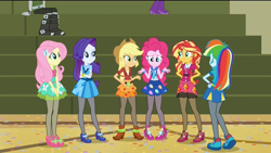 Size: 1920x1080 | Tagged: safe, artist:dirty mike, edit, screencap, character:applejack, character:fluttershy, character:pinkie pie, character:rainbow dash, character:rarity, character:sunset shimmer, my little pony:equestria girls, clothing, dress, high heels, pantyhose, skirt