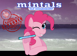 Size: 3000x2200 | Tagged: safe, artist:elmutanto, character:pinkie pie, species:earth pony, species:pony, fallout equestria, advertisement, beach, fanfic, fanfic art, female, hooves, looking at you, mare, mentos, ministry mares, ministry of morale, mint-als, party time mintals, poster, smiling, solo, stamp of approval, teeth, text, underhoof, wink