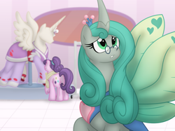 Size: 1180x882 | Tagged: safe, artist:faith-wolff, character:queen chrysalis, character:suri polomare, species:alicorn, species:changeling, species:earth pony, species:pony, fanfic:the bridge, fanfic:the bridge: sound of thunder, changeling queen, clothing, dark mirror universe, dress, duchess chrysalis, duo, female, mannequin, mare, mirror universe, pince-nez, ponyquin, reversalis, story included