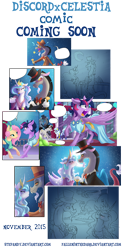 Size: 750x1500 | Tagged: safe, artist:falleninthedark, artist:stepandy, character:discord, character:fluttershy, character:pinkie pie, character:princess celestia, character:rainbow dash, character:smooze, character:twilight sparkle, character:twilight sparkle (alicorn), oc, oc:pandy, species:alicorn, species:pony, ship:dislestia, bedroom eyes, blep, blushing, comic, eye contact, female, floppy ears, male, mare, moon, open mouth, panda pony, preview, raised hoof, shipping, straight, sweat, sweatdrop, tongue out, underhoof, unshorn fetlocks, wink, wip