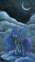 Size: 550x973 | Tagged: safe, artist:maytee, character:princess luna, female, moon, night, solo, spread wings, traditional art, wings