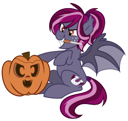 Size: 2168x2050 | Tagged: safe, artist:drawntildawn, oc, oc only, oc:spotlight splash, species:bat pony, species:pony, equestria daily, bat pony oc, carving, commission, equestria daily mascots, halloween, jack-o-lantern, knife, mascot, mouth hold, pumpkin, pumpkin carving, simple background, solo, transparent background