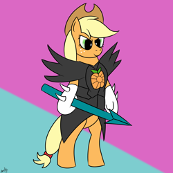 Size: 1000x1000 | Tagged: safe, artist:spritepony, character:applejack, armor, clothing, cosplay, costume, female, solo, spear, undertale, undyne, undyne the undying