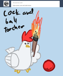 Size: 700x850 | Tagged: safe, artist:arrkhal, species:chicken, species:rooster, ask, ball, blog, male, pun, solo, torch, tumblr, wat, wing hands