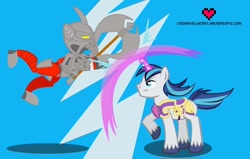 Size: 900x572 | Tagged: safe, artist:ladypixelheart, character:shining armor, axonn, bionicle, crossover, fight, lego