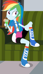 Size: 1091x1895 | Tagged: safe, artist:negasun, character:rainbow dash, my little pony:equestria girls, boots, cafe, clothing, cocktail, compression shorts, couch, drinking, female, holding legs, raised leg, shorts, sitting pretty, skirt, socks, solo, straw, tomboy