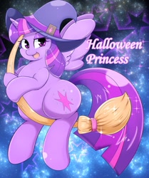 Size: 1023x1221 | Tagged: safe, artist:braffy, character:twilight sparkle, character:twilight sparkle (alicorn), species:alicorn, species:pony, broom, chubby, clothing, fat, female, flying, flying broomstick, halloween, hat, looking at you, looking back, mare, open mouth, princess twilard, smiling, solo, spread wings, stars, twilard sparkle, wings, witch, witch hat