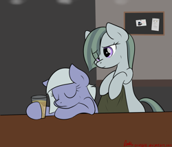 Size: 3053x2609 | Tagged: safe, artist:orang111, character:limestone pie, character:marble pie, alcohol, beer, blanket, indoors, rock, sleeping