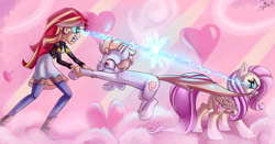 Size: 3804x2000 | Tagged: safe, artist:discorded, character:fluttershy, character:sunset shimmer, oc, oc:star farer, my little pony:equestria girls, clothing, fight, glasses, heart, husbando, leather jacket, pulling, signature, tug of war, waifu