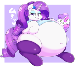 Size: 2485x2214 | Tagged: safe, artist:braffy, character:rarity, character:sweetie belle, species:pony, species:unicorn, bedroom eyes, belly, belly button, big belly, clothing, eyeshadow, fat, female, filly, leggings, makeup, mare, obese, raritubby, shirt, siblings, sisters, smiling