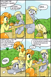 Size: 2239x3332 | Tagged: safe, artist:ciriliko, character:carrot top, character:derpy hooves, character:golden harvest, species:pegasus, species:pony, comic, creeper, female, grammar error, juice, mare, muffin