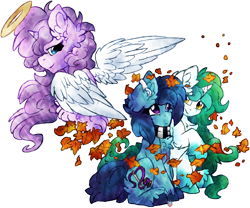 Size: 3468x2889 | Tagged: safe, artist:iroxykun, oc, oc only, oc:freckles, oc:nepheli, oc:nyla, species:alicorn, species:pony, species:unicorn, alicorn oc, angel, autumn, clothing, family, female, hearing aid, horn, leaves, mother, scarf, siblings, sisters, wings