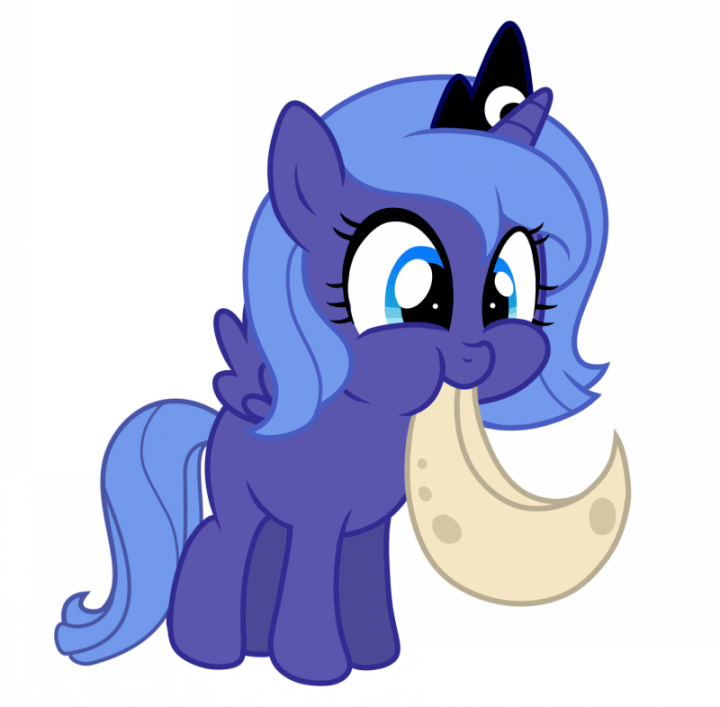 Size: 720x707 | Tagged: safe, artist:bluse, character:princess luna, species:alicorn, species:pony, :t, adorawat, animated, cute, dawwww, eating, edible heavenly object, female, filly, hnnng, lunabetes, moon, munching, nom, puffy cheeks, s1 luna, show accurate, simple background, smiling, solo, tangible heavenly object, wat, weapons-grade cute, white background, woona