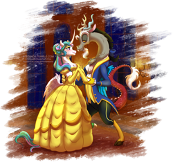Size: 1024x958 | Tagged: safe, artist:stepandy, character:discord, character:princess celestia, species:alicorn, species:draconequus, species:pony, ship:dislestia, alternate hairstyle, beast, beauty and the beast, belle, bipedal, clothing, crossover, curved horn, disney, disney princess, disney style, dress, female, gown, horn, male, semi-anthro, shipping, simple background, straight, style emulation, transparent background