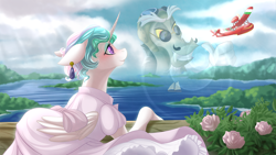 Size: 1600x900 | Tagged: safe, artist:falleninthedark, character:discord, character:princess celestia, ship:dislestia, alternate hairstyle, boat, clothing, crossover, dress, earring, female, male, piercing, plane, porco rosso, shipping, straight, studio ghibli, thumbs up