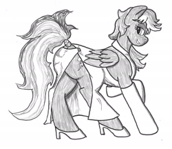 Size: 2657x2293 | Tagged: safe, artist:bigmacintosh2000, character:rainbow dash, alternate hairstyle, clothing, dress, female, grayscale, high heels, ink, monochrome, plot, side slit, solo, stockings, tail wrap, traditional art